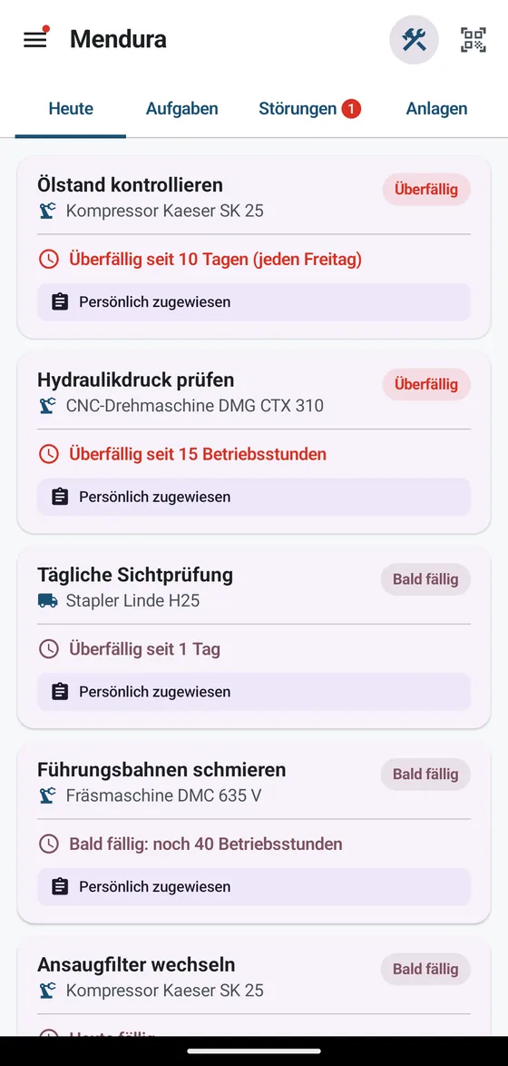 Startbildschirm mit fälligen Wartungen