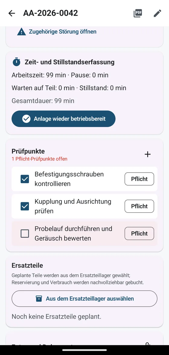 Arbeitsauftrag mit Prüfpunkten und Zeiterfassung