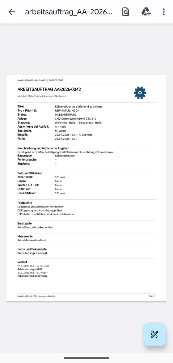 PDF-Bericht eines Arbeitsauftrags