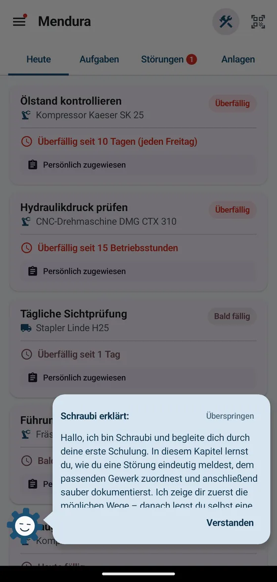 Schraubi erklärt einen Schulungsschritt
